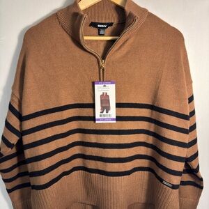 DKNY Brown and Black Striped 1/4 Zip-Up Sweater